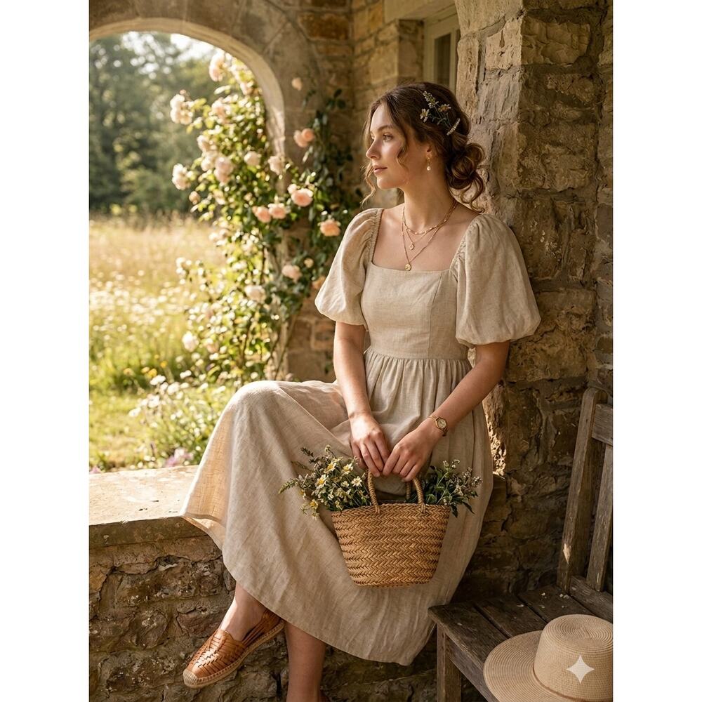 NWT Evolutionary Beige Linen Smocked Dress Romantic Cottagecore Puff Sleeve Lrg
